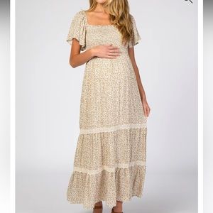 Ivory Floral Square Neck Smocked Front Lace Trim Maternity Maxi Dress- NEW